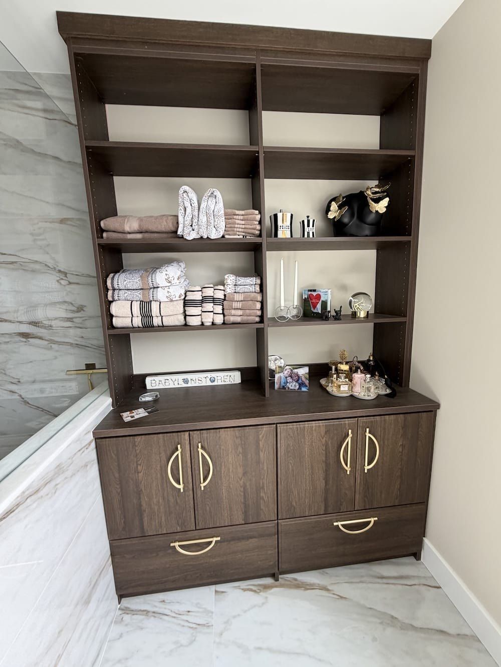Bathroom built-in vanity shelving, installed by Closets For Less