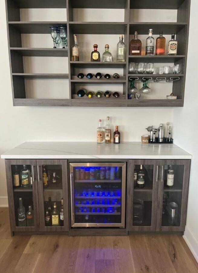 Home bar open shelving wine rack, installed by Closets For Less