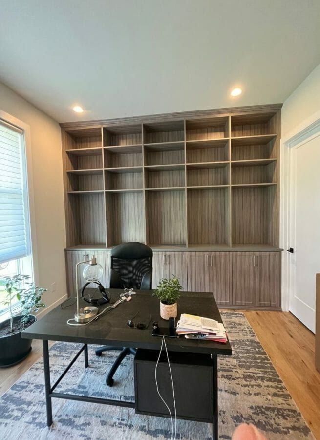 Home office bookcase wall, installed by Closets For Less