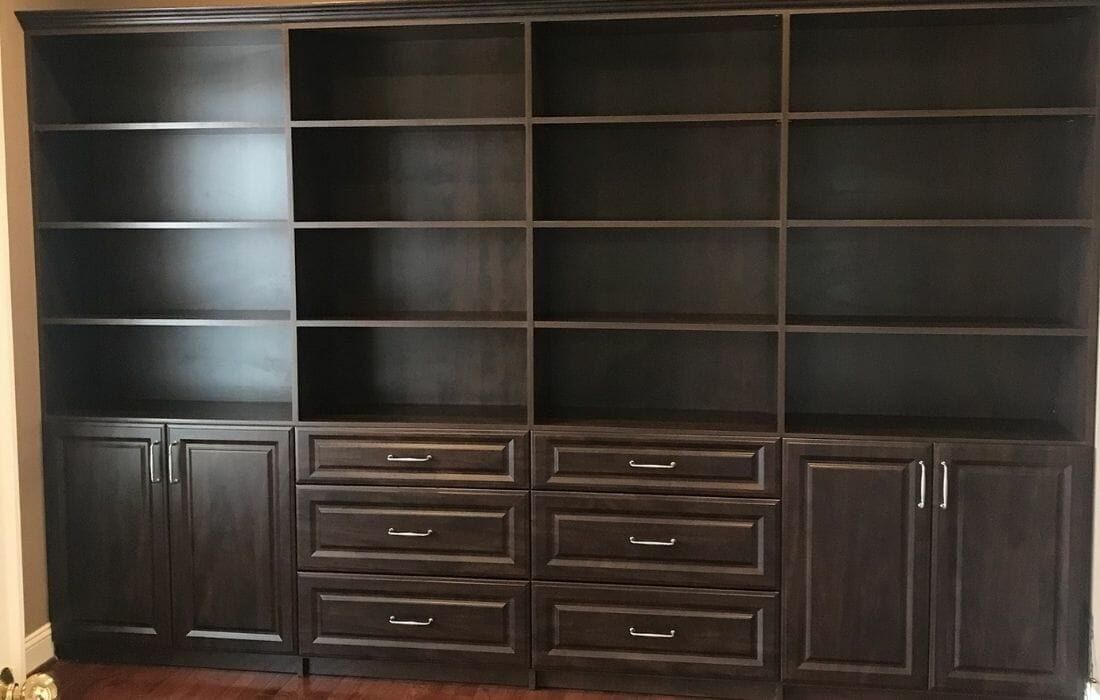 Home office espresso bookcase drawers, installed by Closets For Less