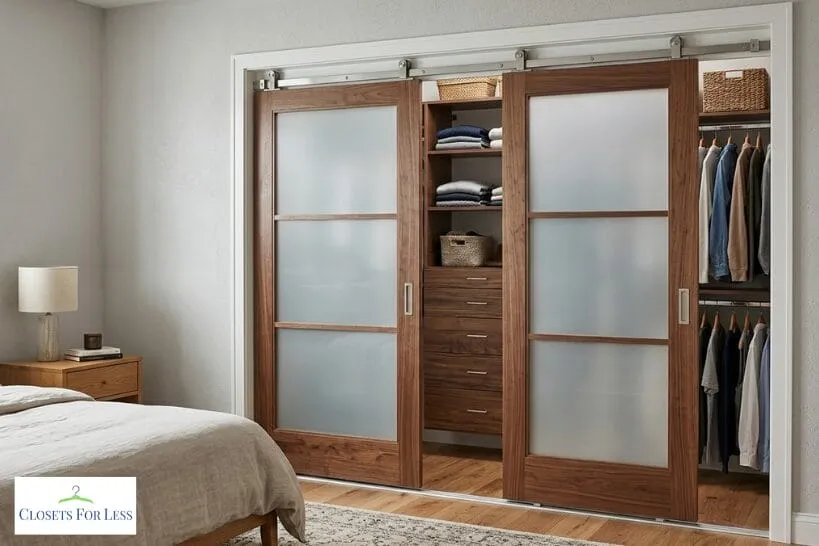 Bedroom closet with wood-framed frosted glass sliding doors, revealing built-in drawers, shelves, baskets, and hanging clothes for organized storage.