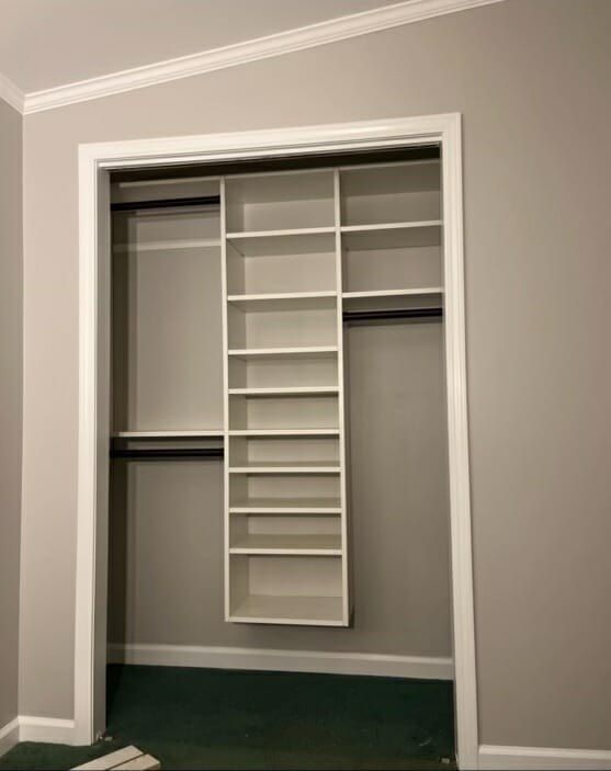 Reach-in closet gray shoe tower, installed by Closets For Less