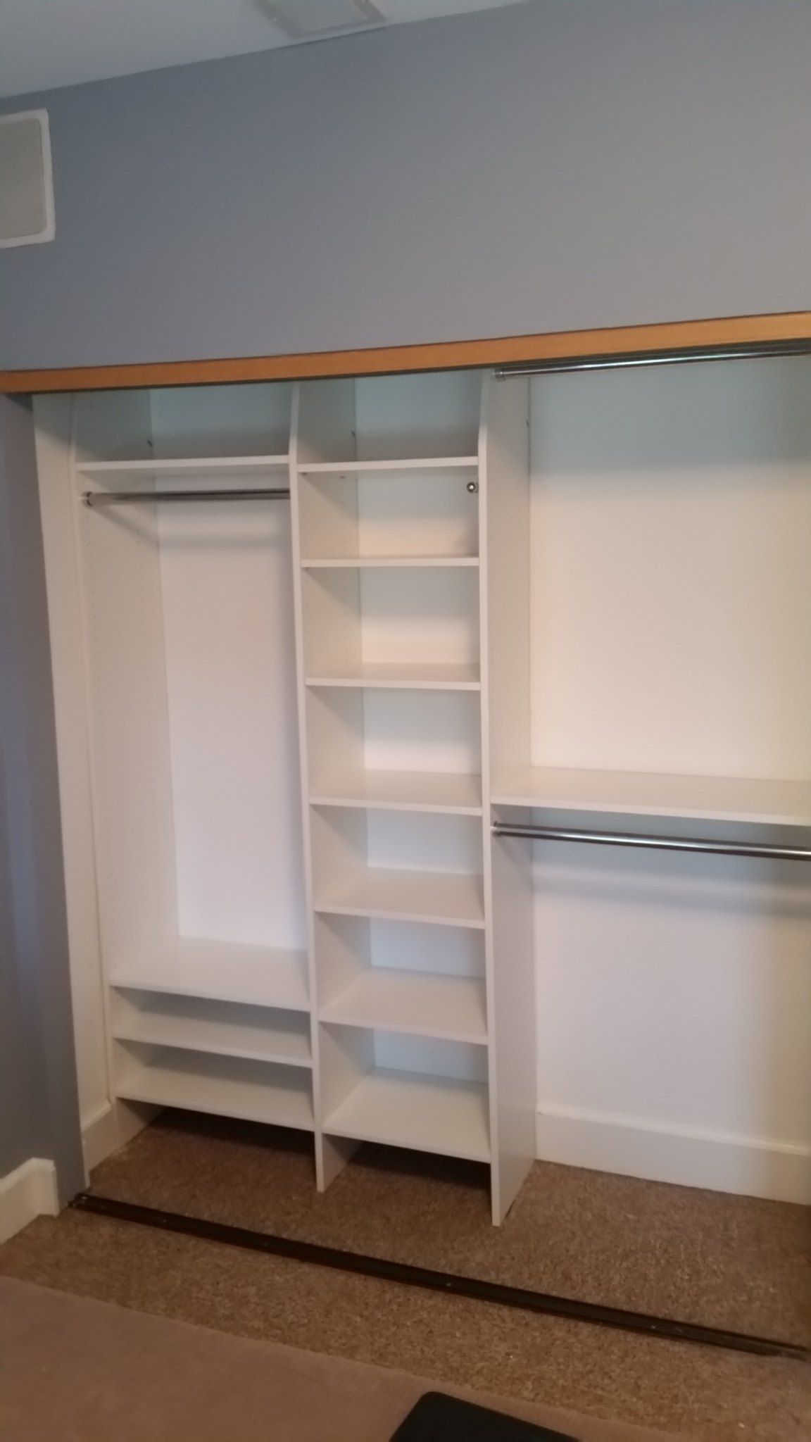 Reach-in closet shoe shelves double hang, installed by Closets For Less