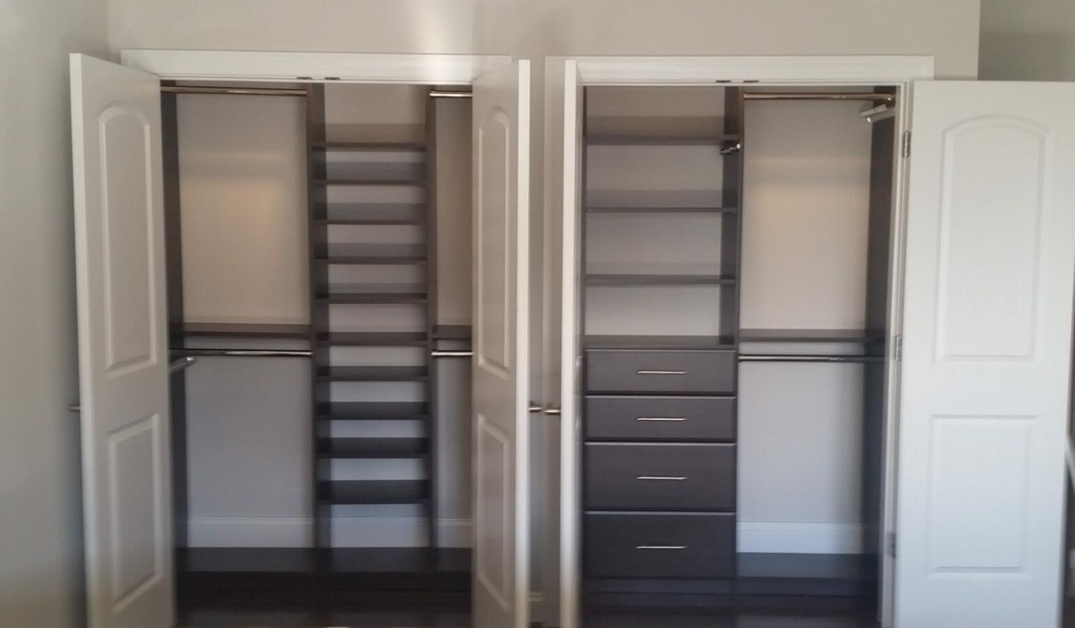 Reach-in closets espresso pair, installed by Closets For Less