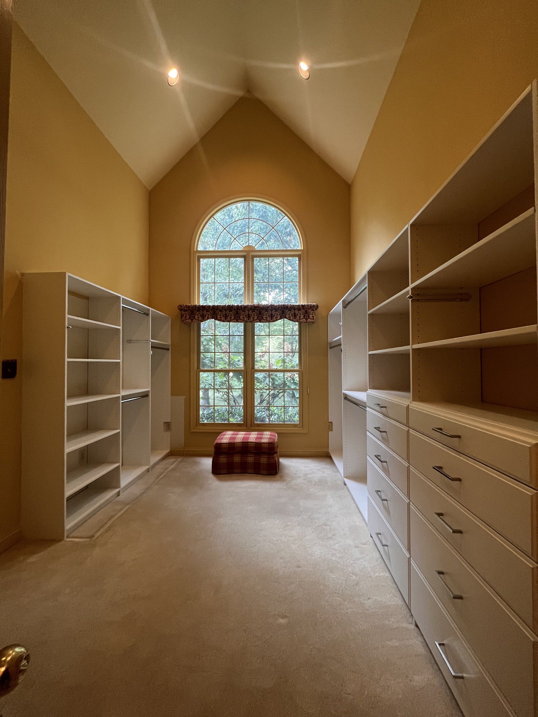 Vaulted walk-in closet with an arched window