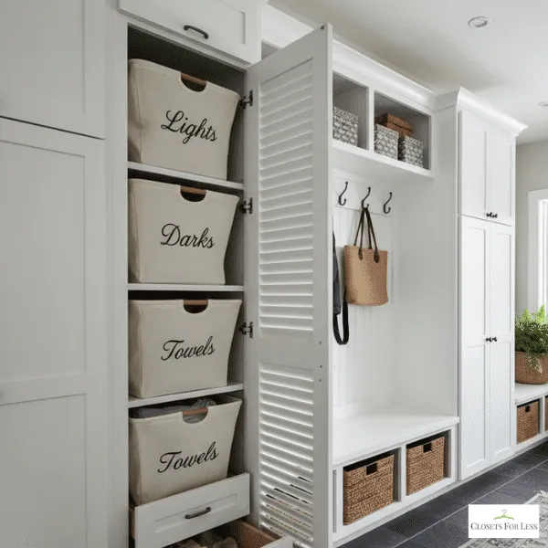Built-in mudroom hamper with removable sorting bins