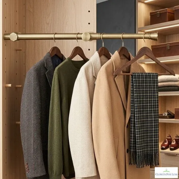 Custom closet with brass hanging rod displaying coats and sweaters on wooden hangers, plus a plaid scarf and lit shelving with storage boxes and shoes.
