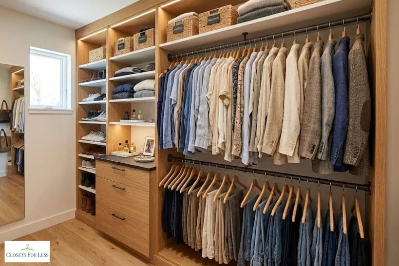 Custom walk-in closet with warm wood built-ins, double hanging rods of shirts and jackets, open shelving with baskets, and drawers for organized storage.