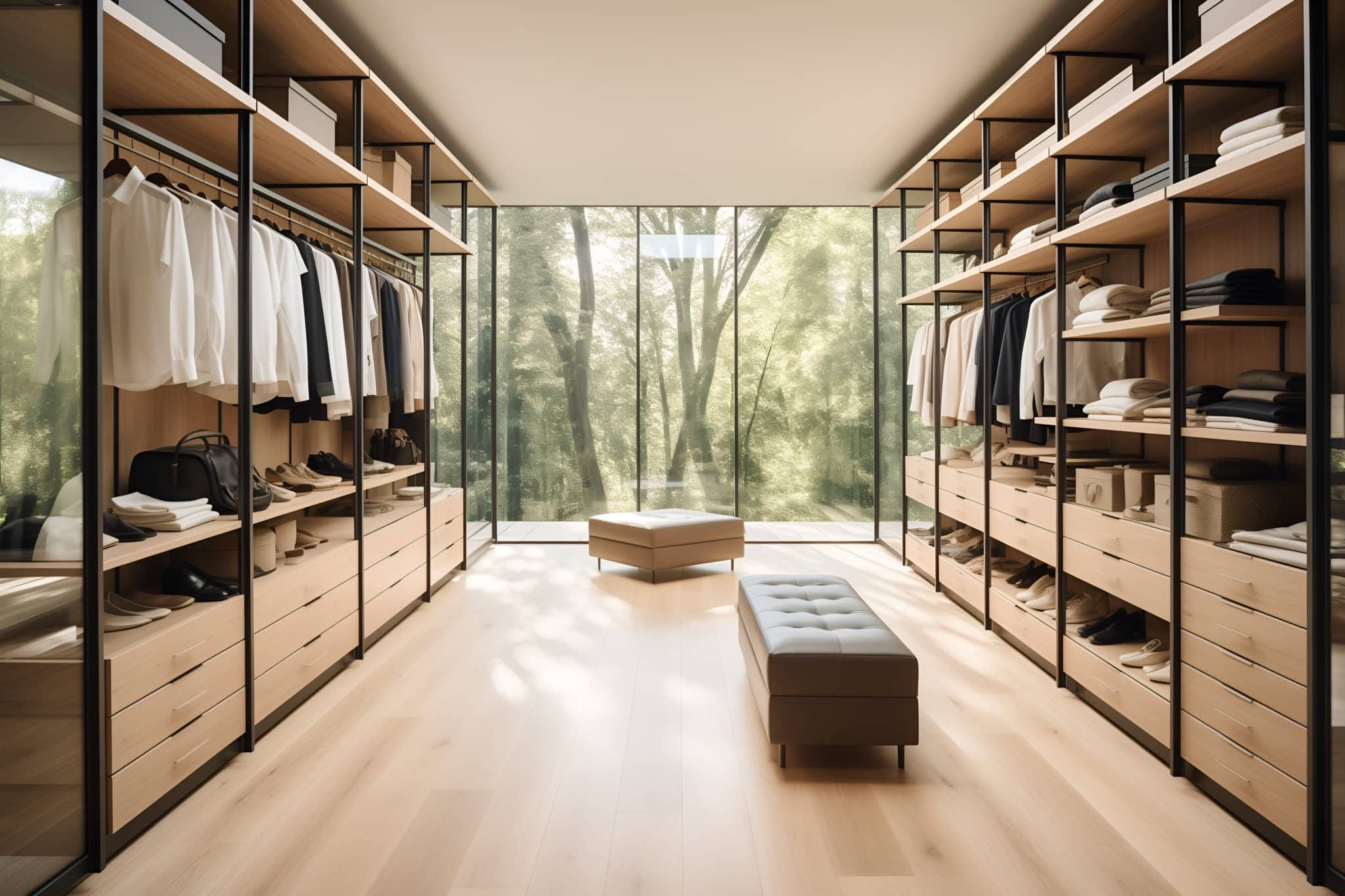 A spacious and luxurious walk-in closet with floor-to-ceiling windows offering a view of a forest. The closet features neatly organized shelves and drawers, with clothing, shoes, and accessories perfectly arranged. Two cushioned benches are placed in the center.