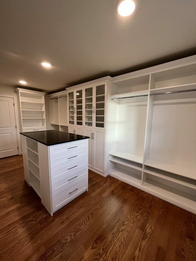 Walk-in closet island double hang, installed by Closets For Less