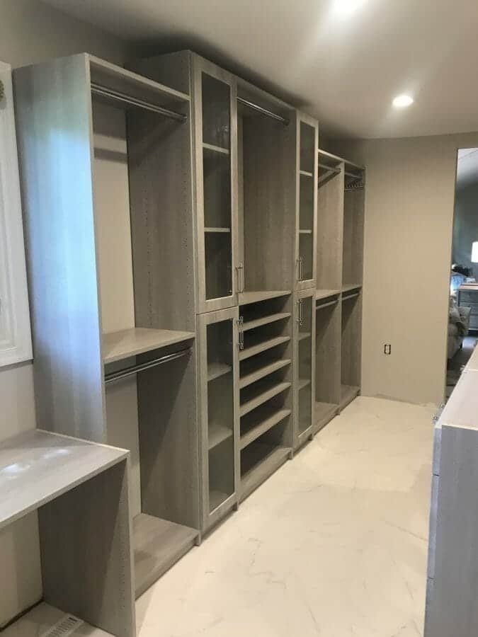 Walk-in closet vanity desk gray, installed by Closets For Less