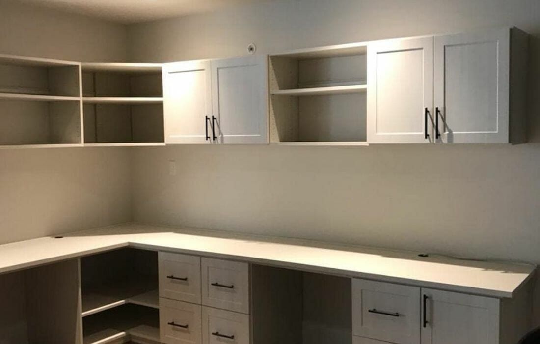 White home office corner desk, installed by Closets For Less