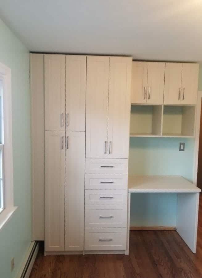 White home office tall cabinets desk, installed by Closets For Less