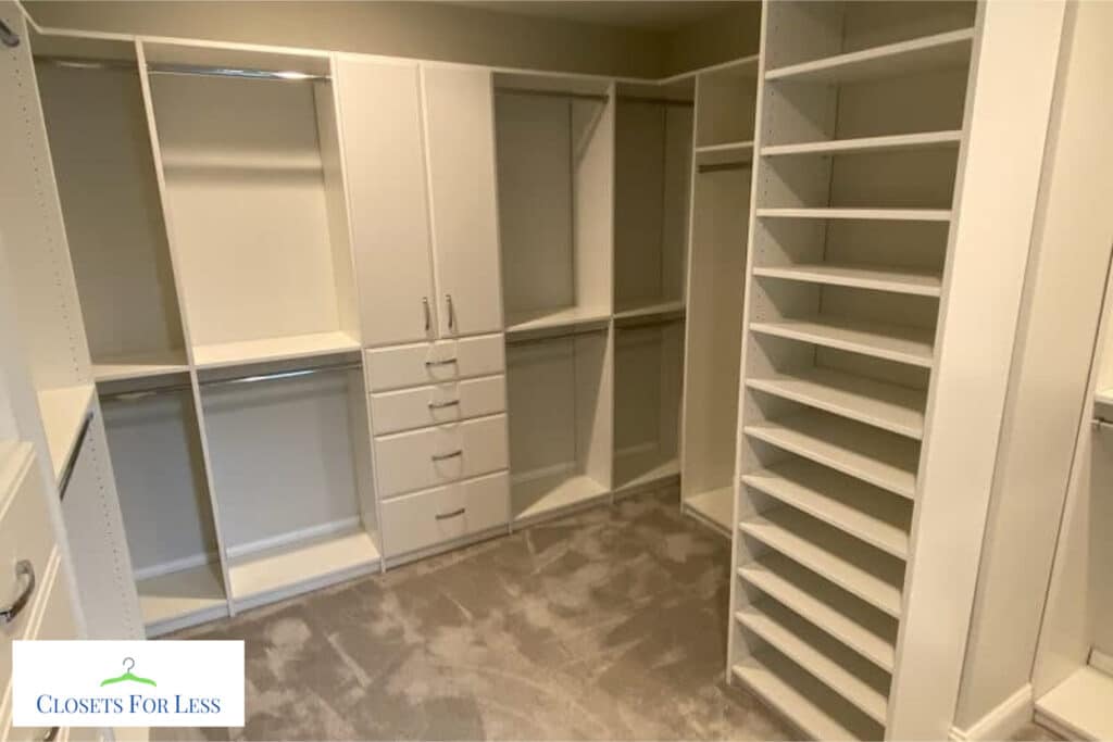 An empty, newly built wardrobe in a room, ready for organizing and storage.