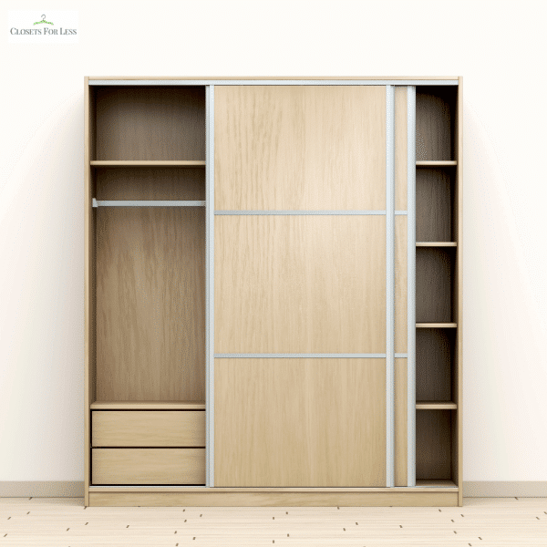 Sliding barn-style closet door saving space in mudroom