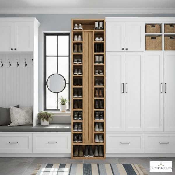 Narrow vertical shoe tower between mudroom cabinets