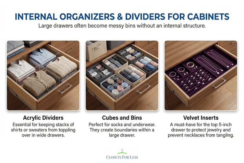 Internal cabinet organizers and dividers