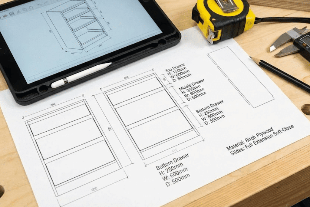 Rendered cabinet design during planning on tablet and printed