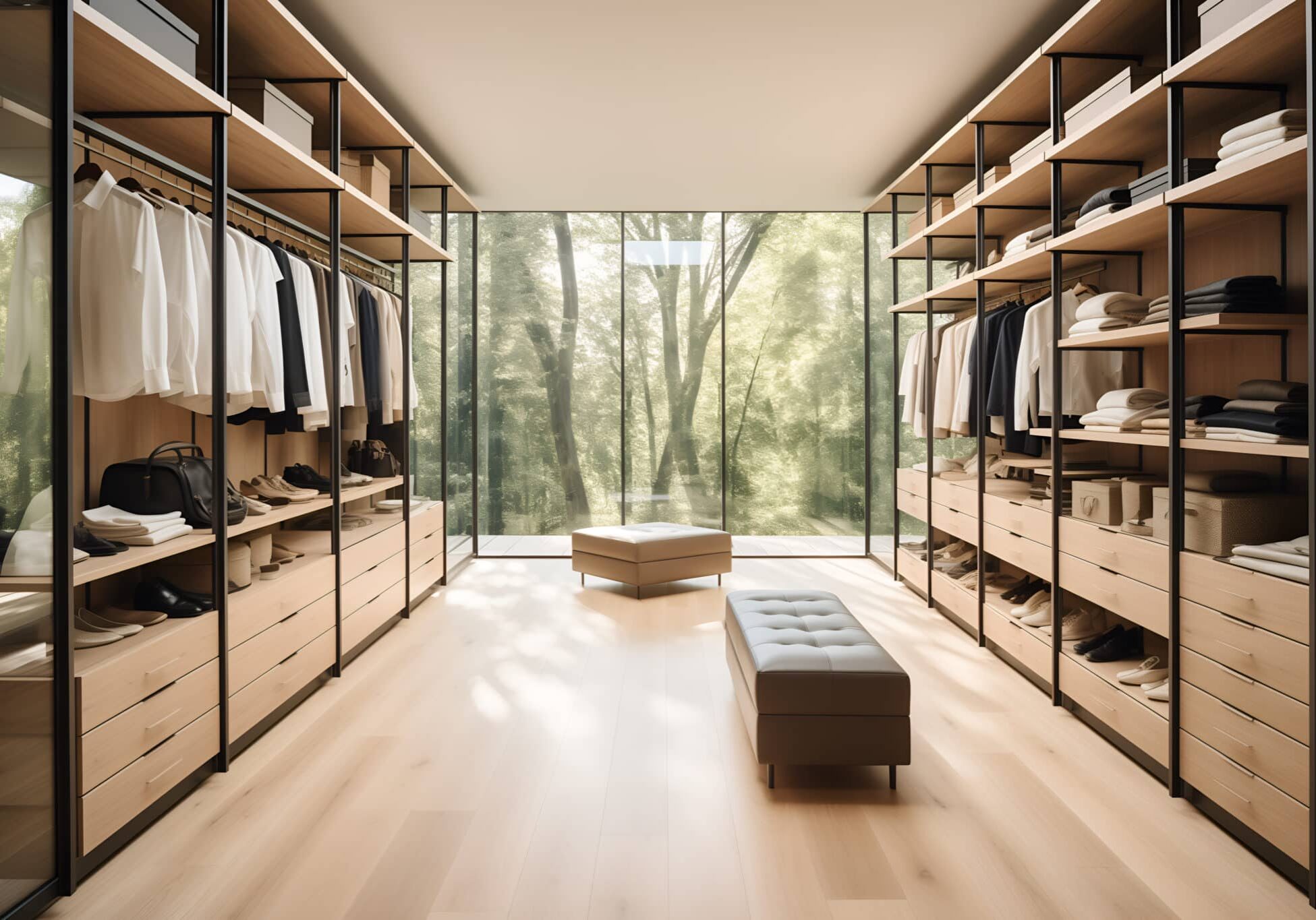 A spacious and luxurious walk-in closet with floor-to-ceiling windows offering a view of a forest. The closet features neatly organized shelves and drawers, with clothing, shoes, and accessories perfectly arranged. Two cushioned benches are placed in the center.